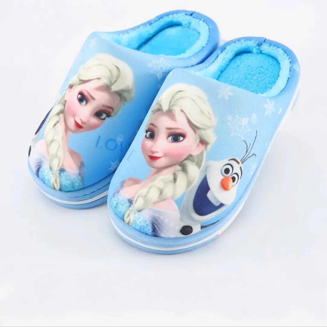 Elsa And Snow Man Print Warm Sky Blue Winter Slippers 8300