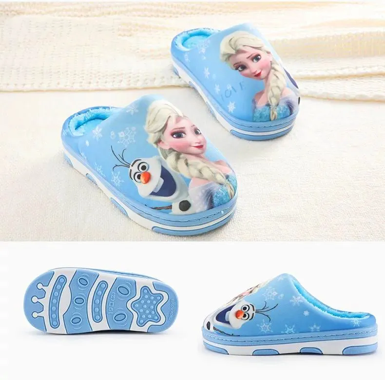 Elsa And Snow Man Print Warm Sky Blue Winter Slippers 8300