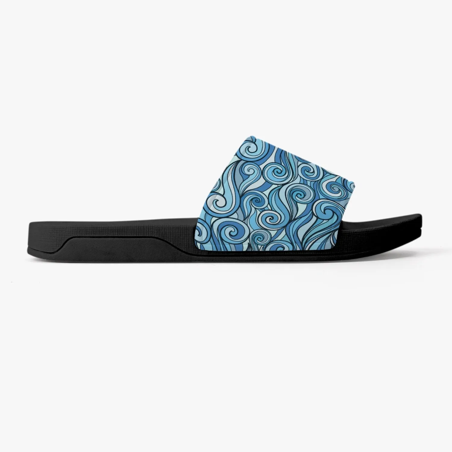 Groovy Waves Slides Sandals, Men Women Blue Ocean Black Designer Shoe Flat Wedge Slippers Casual Flip Flops Slip On
