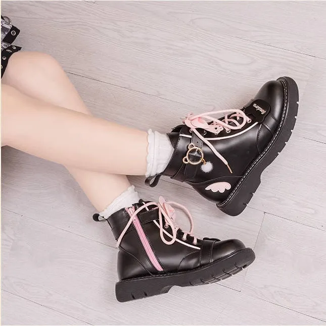 Kawaii Japanese Pink Bear Bow Tie Lolita Martin Boots