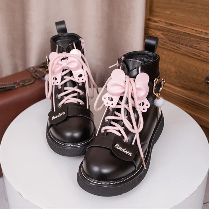 Kawaii Japanese Pink Bear Bow Tie Lolita Martin Boots