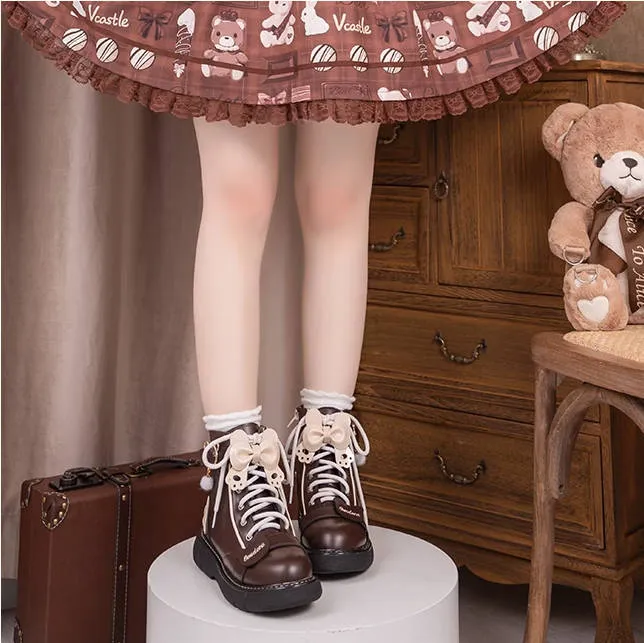 Kawaii Japanese Pink Bear Bow Tie Lolita Martin Boots