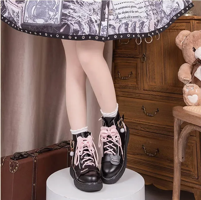 Kawaii Japanese Pink Bear Bow Tie Lolita Martin Boots