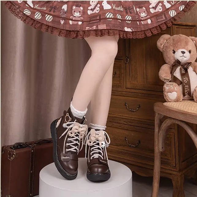 Kawaii Japanese Pink Bear Bow Tie Lolita Martin Boots