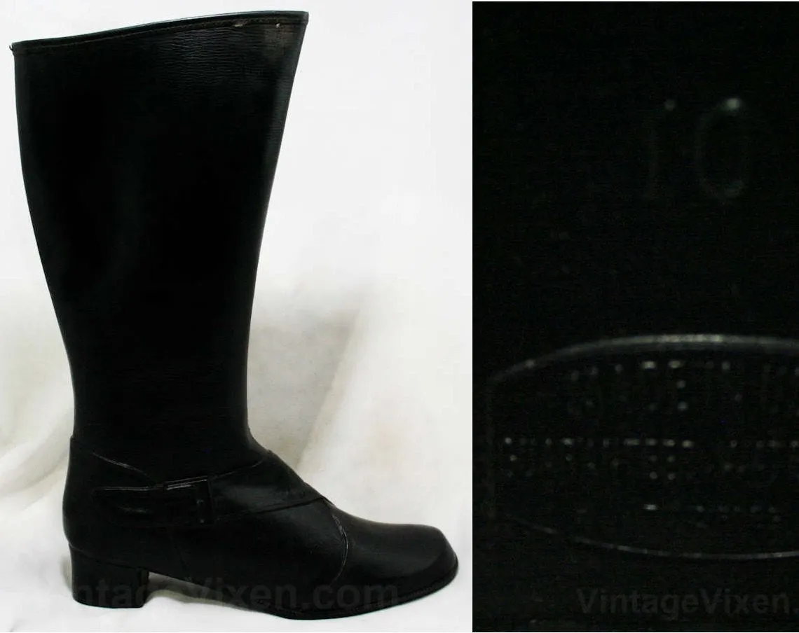 Size 10 Black Boots - Authentic Early 1960s Deadstock - Waterproof Vinyl - Fleece Lined - 60s - Faux Buckle - Rain Dears - Winter - 43246